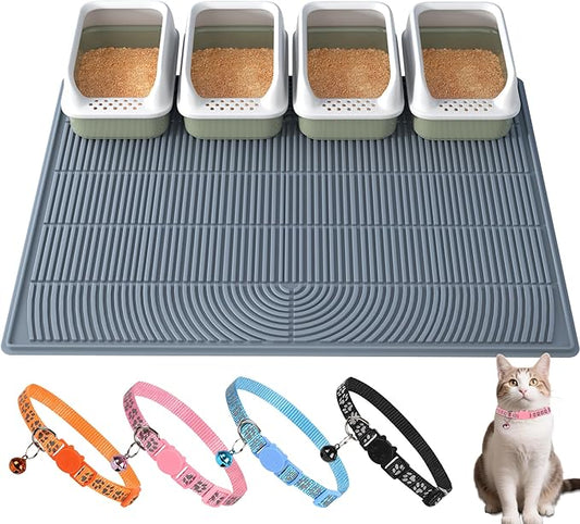 Cat Litter Mat XL Extra Large 47" x 35" Coverage | Waterproof Litter Trapping Mat for Litter Box | Deep Groove & Raised Edges, Easy Clean, Non-Slip Kitty Mat + Bonus Cat Collar