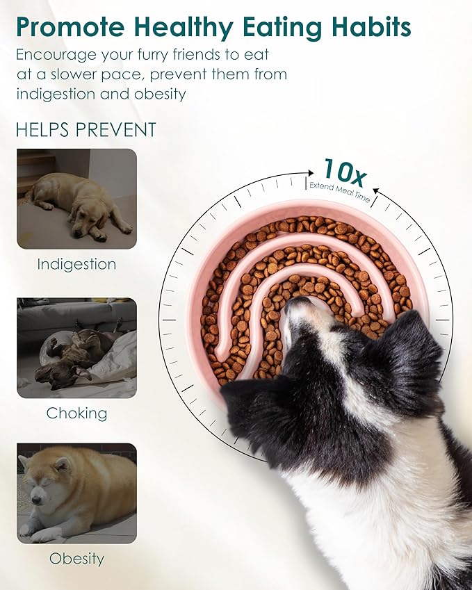 vancasso Slow Feeder Dog Bowl, 3 Cup Ceramic Slow Feeding Food Dish for Large Breed, Puzzle Dog Food Bowl for Fast Eater, Pink