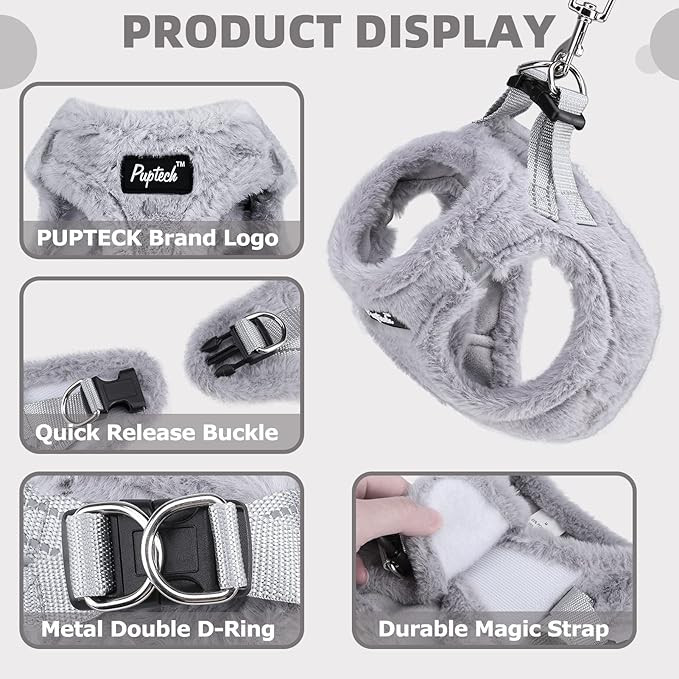 PUPTECK Adjustable Dog Harness Collar and Leash Set Step in No Pull Pet Harness for Small Medium Dogs Puppy and Cats Outdoor Walking Running, Soft Mesh Padded Reflective Vest Harnesses, Plush Grey S
