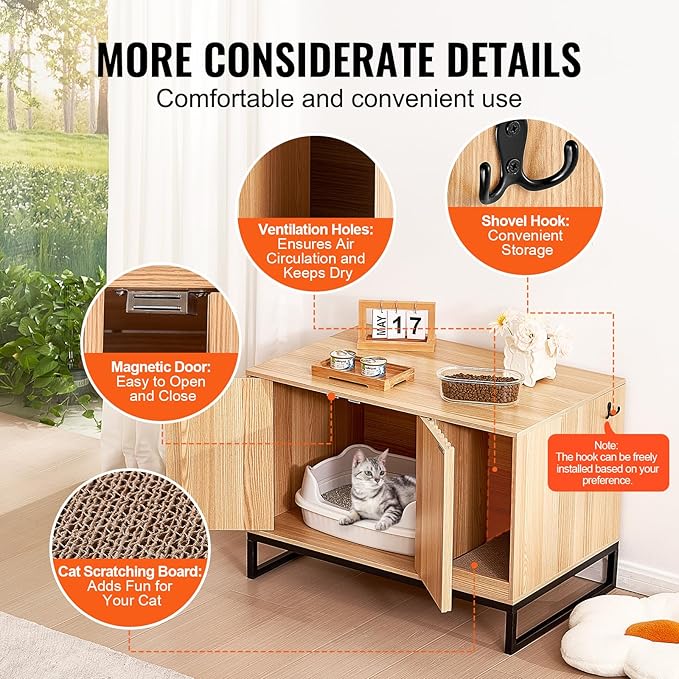 VEVOR Cat Litter Box Enclosure, Hidden Litter Box Furniture, Wooden Cat Washroom Indoor with 2 Doors & Sturdy Metal Legs, Cat House Cabinet Hidden Fit Most Litter Box, 31.5"L x 20"W x 22"H, Brown