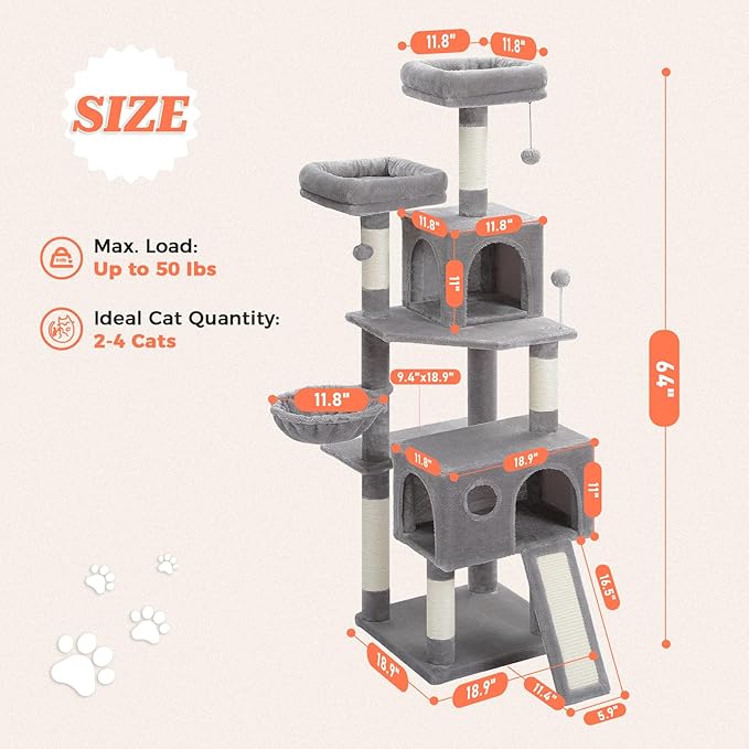 64-Inch Large Cat Tree for Indoor Cats, Multi-Level Tall Cat Tower with 2 Soft Top Perches, 2 Caves, 5 Sisal Scratching Posts, 2-in-1 Scratching Ramp, 1 Hammock & 3 Pompoms, Grey