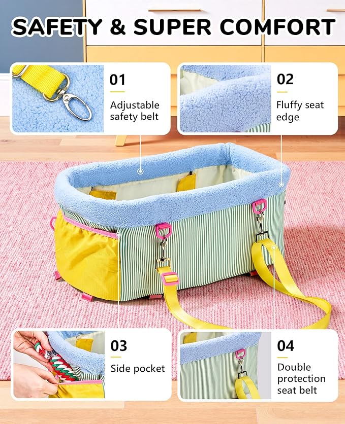 BurgeonNest Center Console Dog Car Seat, Puppy Carseat for Small Dogs, Cat Car Seat with Metal Frame and Double Protection Seat Belts, Pet Booster Seat with Washable Cushion and Clip-on Leash