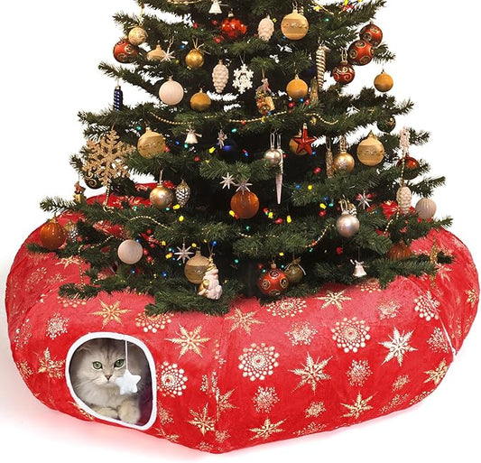 Cat Tunnel Bed for Indoor Cats, XL Christmas Tree Skirts Washable Warm Soft Indoor Cat Donut Tunnel, Multifunctional Cat Interactive Playground Toys for Felines Pet Christmas Tree Decoration