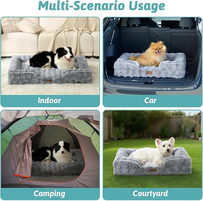 Orthopedic Dog Bed for Large Medium Size Dog, Soft and Warm Faux Fur Sofa for Pet Up to 75 lbs, Foam Bolster Anti-Slip Couch with Washable Removable Cover, L 36x27x6.5 inch, Grey