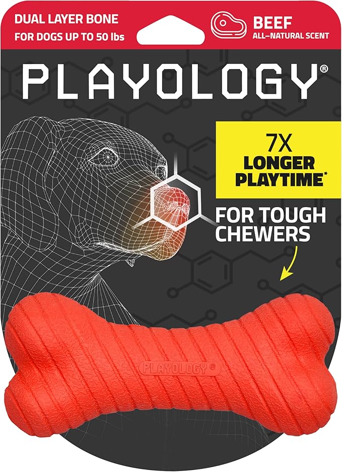 Playology Dog Toys | Dual Layer Bone Durable Chew Toy Bone for Dogs | Medium Beef Scented Toy - Easy to Clean and Made from Non Toxic Materials