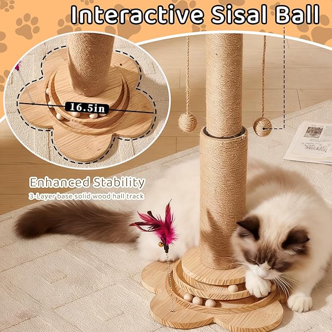 Cat Scratching Post 32" Tall Cat Scratch Post Tree Scratching Posts for Indoor Cats Adults Kitten with Wooden Interactive Ball Toy and Hanging Sisal Ball
