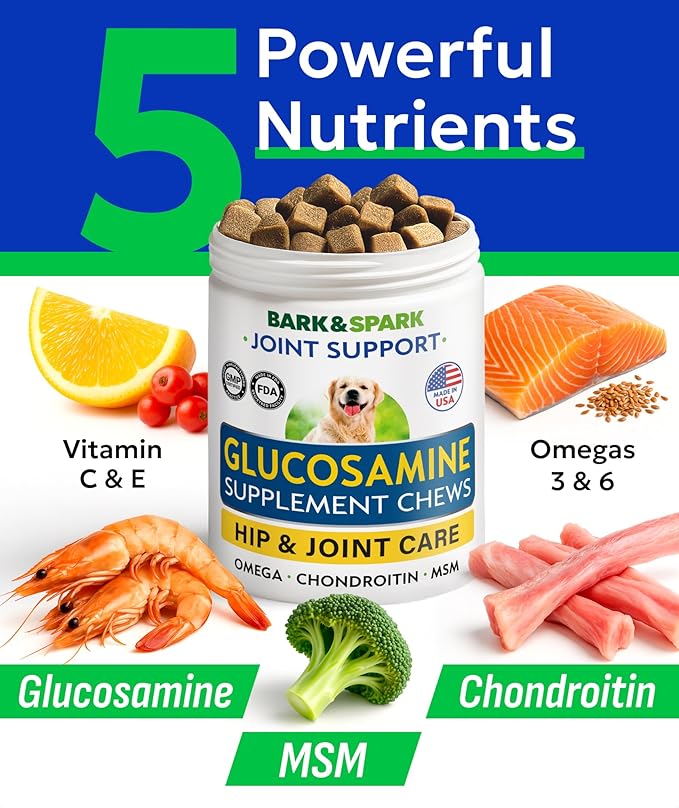 BARK&SPARK Glucosamine Chondroitin Dog Hip & Joint Supplement - Joint Pain Relief - Hip & Joint Chews - Joint Support Large & Small Breed - Senior Doggie Vitamin Pills Joint Health (120 Treats)