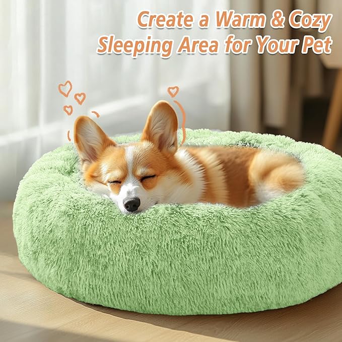 JOLLYVOGUE Calming Dog Bed for Small Dogs - 23 inches Donut Washable Small Dog Bed for Kittens & Puppies, Anti-Slip Round Fluffy Plush Faux Fur Cat Beds (Fits up to 25 lbs Pets, Light Green)