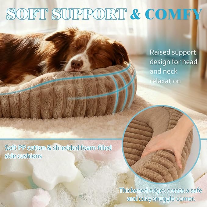Orthopedic Dog Bed for Small Medium Dogs & Cats - Soft Furry Puppy Bed with Removable Washable Cover & Anti-Slip Bottom, Calming Rectangle Cat & Puppy Bed for Indoor Pets, 25x21x4inches, Brown