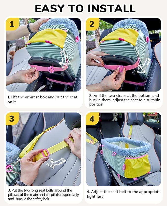 BurgeonNest Center Console Dog Car Seat, Puppy Carseat for Small Dogs, Cat Car Seat with Metal Frame and Double Protection Seat Belts, Pet Booster Seat with Washable Cushion and Clip-on Leash