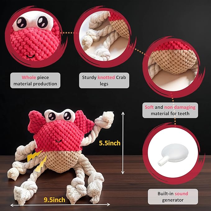 Squeaky Crab Dog Toy with Rope Legs - Durable Chew Toy for Small Dogs | Built-in Whistle & Crinkle Sounds | Teeth Cleaning | Interactive Dog Toys （RED）