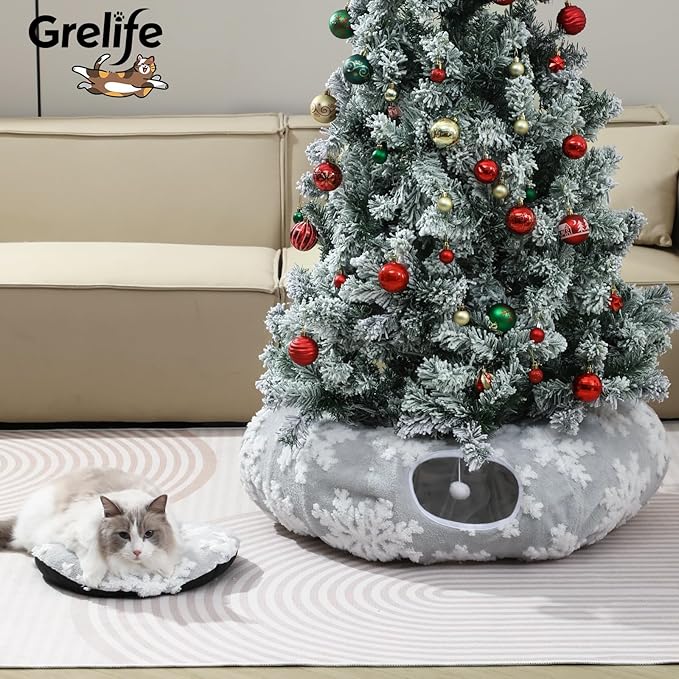 Grelife Cat Tunnel Bed for Indoor Cats, Large Cat Tunnel Christmas Tree Skirt, Cat Donut Tunnel Toys with Warm Plush, Non-Slip Base, Removable Cushion, Perfect for Cats, Kittens, Small Pets(33.4")