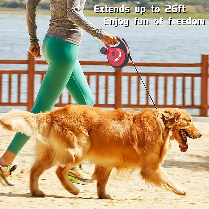Retractable Dog Leash with Light - 26Ft Leashes with Poop Bag & Holder, One Button Break & Lock, 360°Tangle Free, Anti Slip Grip, Red