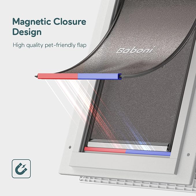 Baboni 3-Flaps Pet Door for Interior and Exterior Doors, Durable Plastic Frame and Telescoping Tunnel, Aluminum Lock/Metal Panel, Strong Magnetic Flaps, Never Rust Dog Door (Pets Up to 40 Lb) -Medium