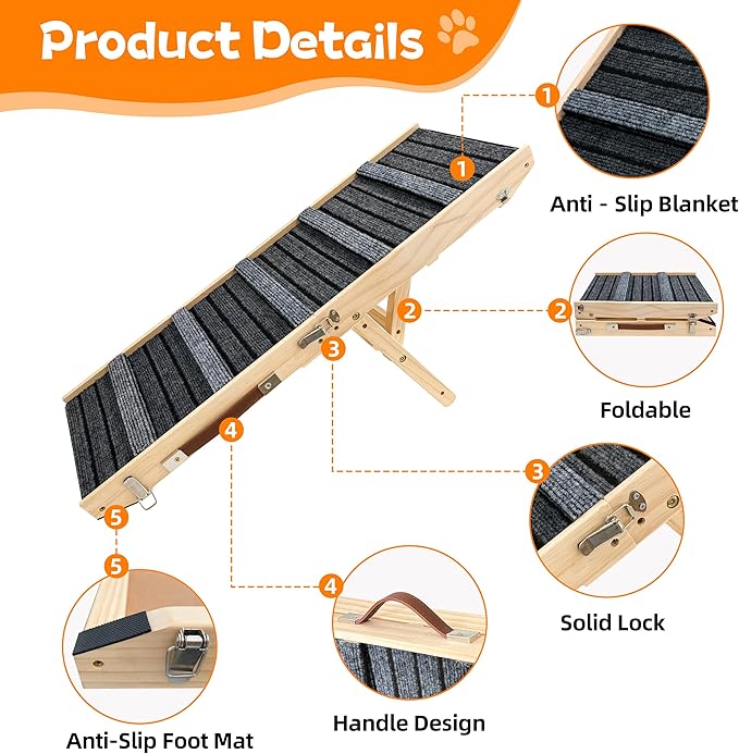 Dog Ramp for Bed-Non-Slip - Extra Wide Pet Ramp for Small Large Dogs to Get on Couch Car Wooden Foldable Dog Ramp Seamlessly Connects Platform -Hold up to 110 Pound-Adjustable, Foldable (S)