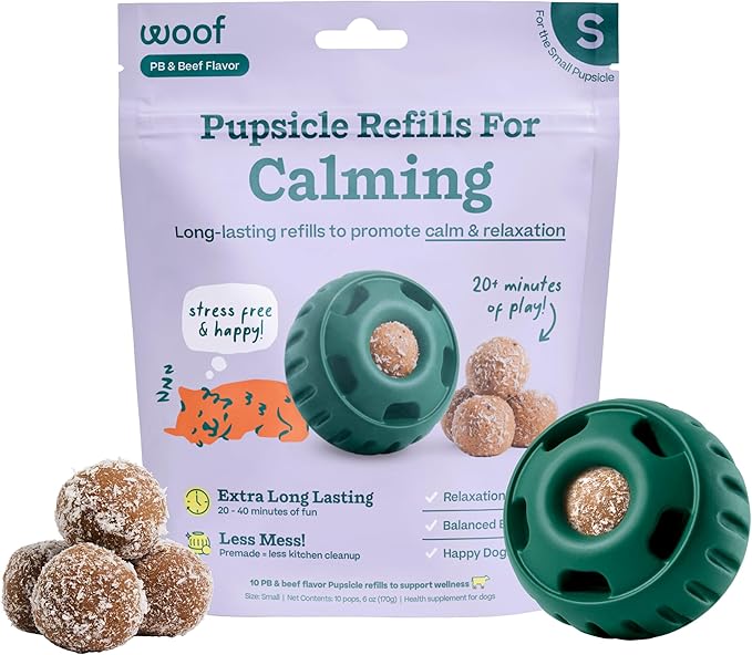 Woof Pupsicle Calming Starter Kit - Pupsicle and Calming Pops Bundle - Long-Lasting Interactive Dog Toy, Low-Mess Design - 10 Refills with Thiamine, Tryptophan, Passion Flower for Small Dogs 10-25 lbs