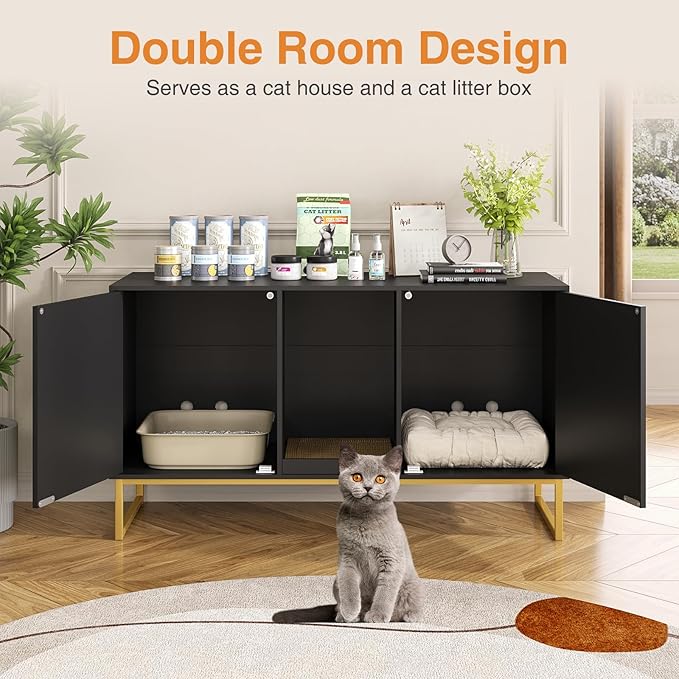 Kitty Litter Box Enclosure for 2 Cats, Small Hidden Cat Litter Box Furniture with Scratch Pad, Modern Fluted Double Litterbox Cabinet TV Stand for Kittens, Black