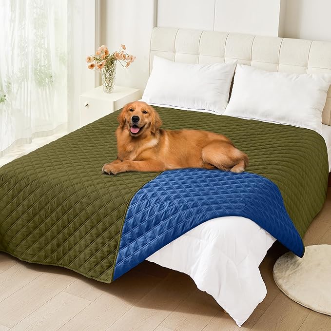 Smiry Waterproof Dog Bed Cover Pet Blanket, Soft Washable Dog Blanket for Furniture Bed Couch Sofa Reversible, Checkered (82"x82", Green/Navy)