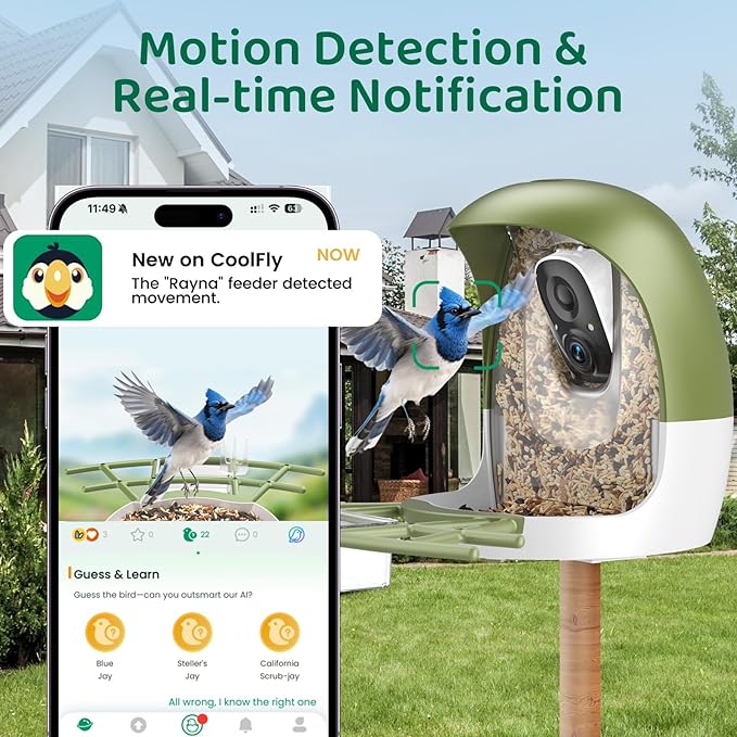 HIXX Smart Bird Feeder with Camera, AI Identify Birds & Auto Capture, 2K HD Live Camera Birdwatching with Color Night Vision for Bird Lovers Gifts (Forest Green)