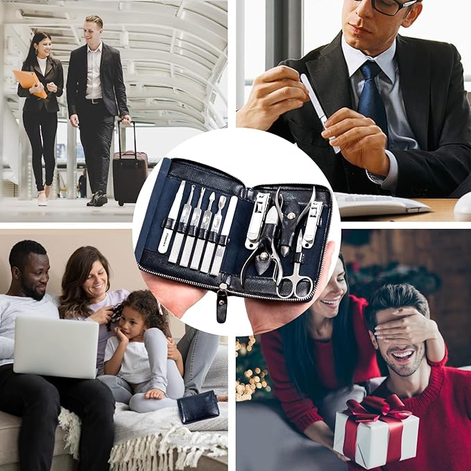 Manicure Kit, FAMILIFE Professional Manicure Set Nail Kit, 11 in 1 Stainless Steel Nail Clippers Set for Men Pedicure Tool, Men Grooming Tool with Portable Blue Leather Travel Case Luxury Gifts