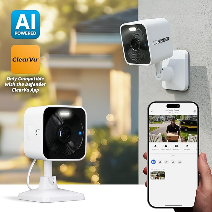 Defender GO 2K AI Powered Plug-in Indoor/Outdoor Home Business, Pet, Baby Camera, AI Detection, Dual Band Connection, Spotlight/Siren, Color Night Vision, 2-Way Talk, Works w/ClearVu App