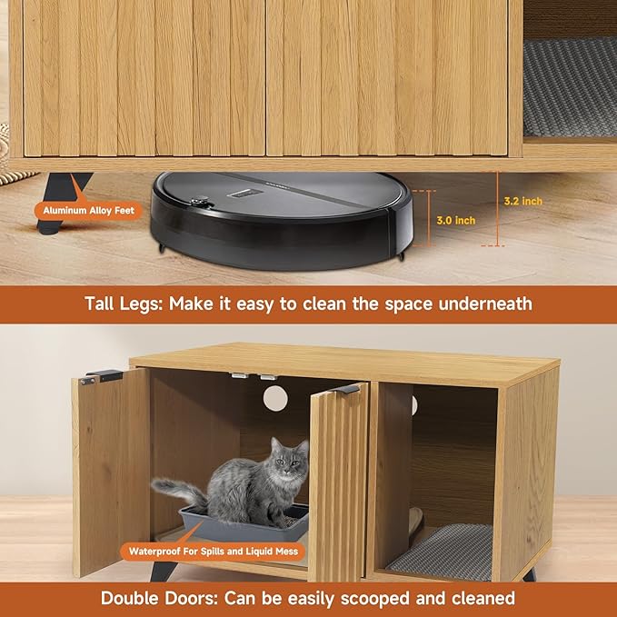 Cat Litter Box Enclosure, Modern Cat Litter Box Furniture Hidden, with Scratching Pad, 4 Metal Legs, Cat House, Natural Oak