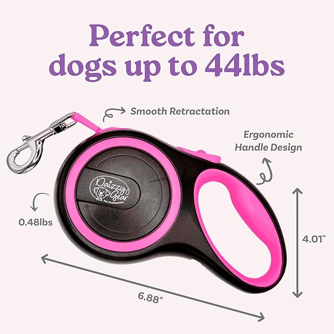 Retractable Dog Leash for Small, Medium & Large Dogs – Heavy-Duty, Tangle-Free, Reflective, 16FT Long, Anti-Slip Soft Handle with One-Hand Brake - 44 LBS /16FT - Small - Pink