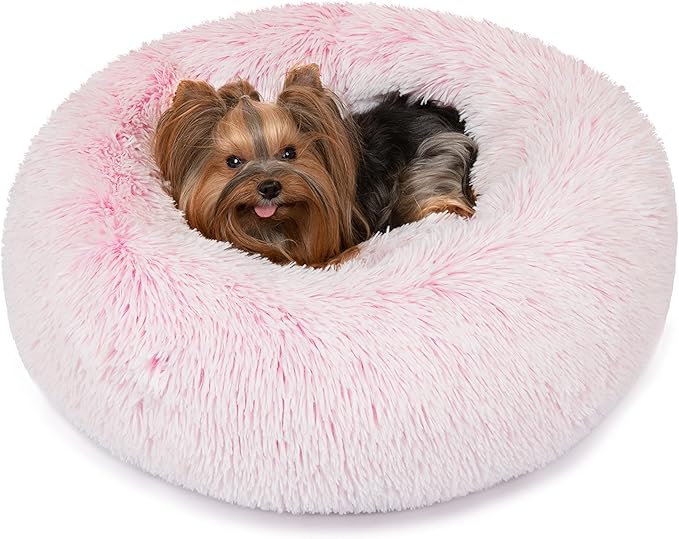 Friends Forever Donut Dog Bed Faux Fur Fluffy Calming Sofa For Small Dogs, Soft & Plush Anti Anxiety Pet Couch For Dogs, Machine Washable Coco Pet Bed with Non-Slip Bottom, 23"x23"x6" Pink