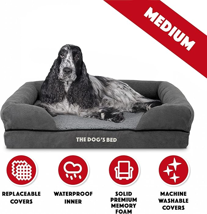 The Dog’s Bed, Medium Grey Plush Memory Foam, Pain Relief: Arthritis, Hip & Elbow Dysplasia, Post Surgery, Lameness, Supportive, Calming, Washable Cover, Veterinary Approved
