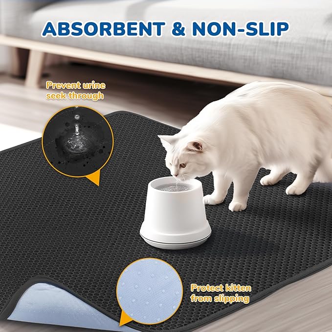 BurgeonNest Cat Litter Mat 47" x 35" Upgraded Felt & Fabric Material Cat Trapping Mat for Fewer Creases, Extra Large Hold 3-4 Litter Boxes Urine-Proof Non-Slip, Machine Washable, Soft on Paws, Black