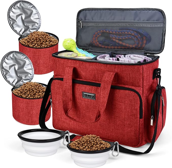 BAGLHER Dog Travel Bag, Pet Travel Bag (ALL Pet Travel Supplies), With 2 Pet Food Containers and 2 Collapsible Silicone Bowls; Essential Kits for Pet Travel Red