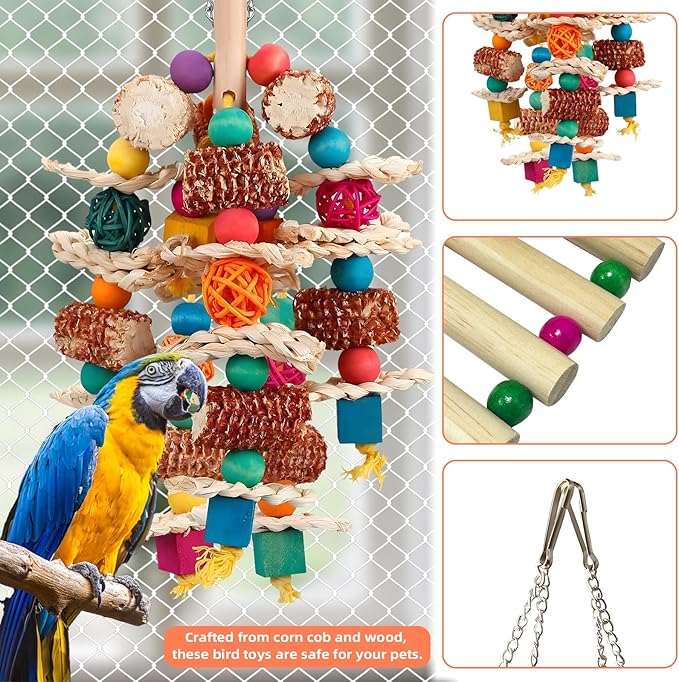 2 pcs Parrot Toys, Natural Corn Cob Bird Chewing Toys and Bird Swing Toy, Bird Cage Accessories for Cockatiels, African Grey Parrots, Macaws, Sun Conure to Exercise Beak Strength
