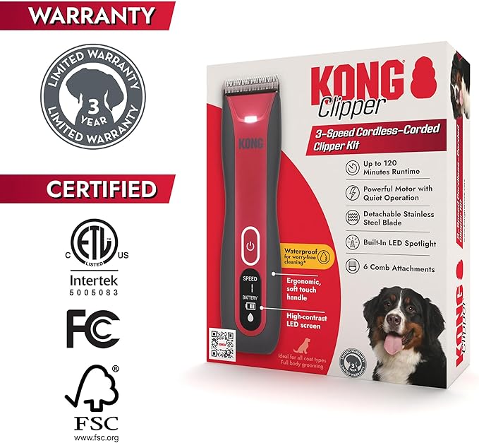 Kong 3-Speed Cordless-Corded Dog Clipper Kit – Stainless Steel Blade, Waterproof, LED Spotlight, Use-While-Charging, 6 Guide Combs, Ergonomic Handle – Red/Gray, All Coat Types