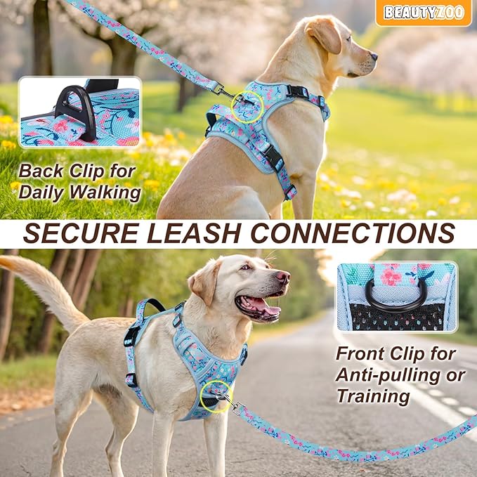 BEAUTYZOO No Pull Dog Harness and Leash Set with 2 Metal Leash Clips - Overhead-Free 3 Snap Buckles Design, Adjustable No-Choke Soft Padded Reflective Oxford Pet Vest for Small Medium Large Dogs, M