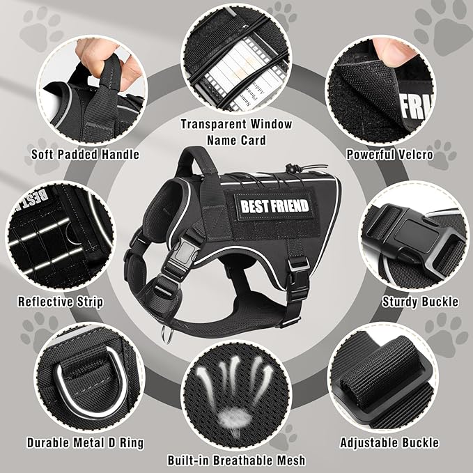 Tactical Dog Harness for Large Dogs,No Pull Military Dog Vest with Handle,Reflective Heavy Duty Pet Harness for Walking Hiking Training Black L