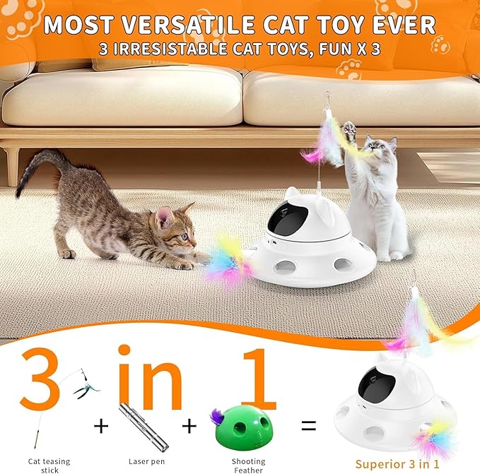 3-in-1 Cat Laser Toy & Interactive Automatic Motion-Activated Kitten Toy – 6 Holes Whack-A-Mole Feather & Moving Ambush Fun – USB Rechargeable, Apply To – Indoor Exercise for Cats of All Breeds