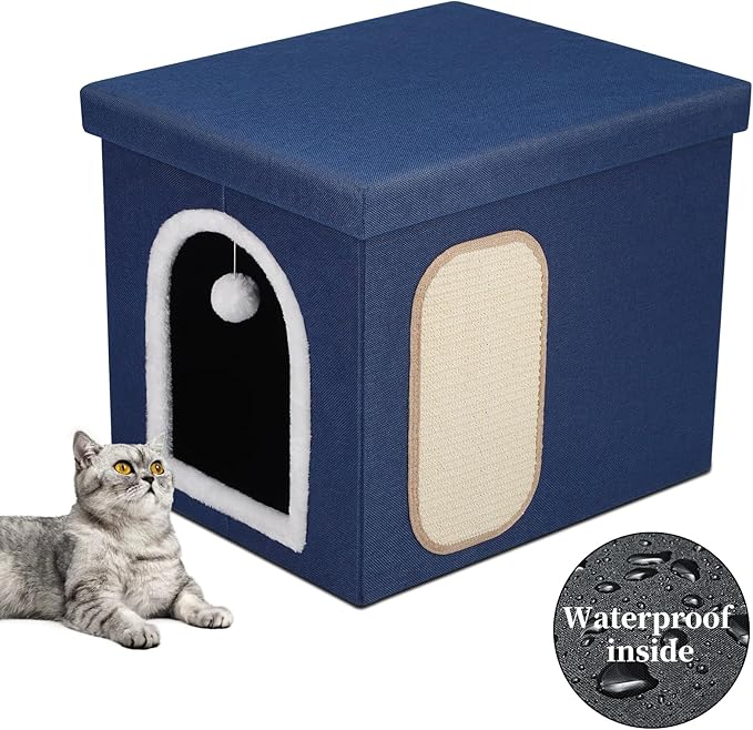 Cat Litter Box Enclosure, Foldable Hidden Litter Box with Mesh Storage Bag, Litter Box Furniture Hidden with Waterproof Inside, Easy Clean, Odor Control, Easy Assembly, 21.6”L x 17.7”D x 17.7”H, Blue