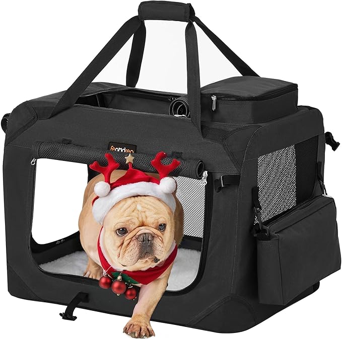 Feandrea 24 Inches Collapsible Soft Dog Crate, Portable Travel Dog Crate for Indoor and Outdoor Use, Dog Carrier Kennel with Safety Zippers, for Living Room, Car, Travelling, Camping, Black UPDC60H