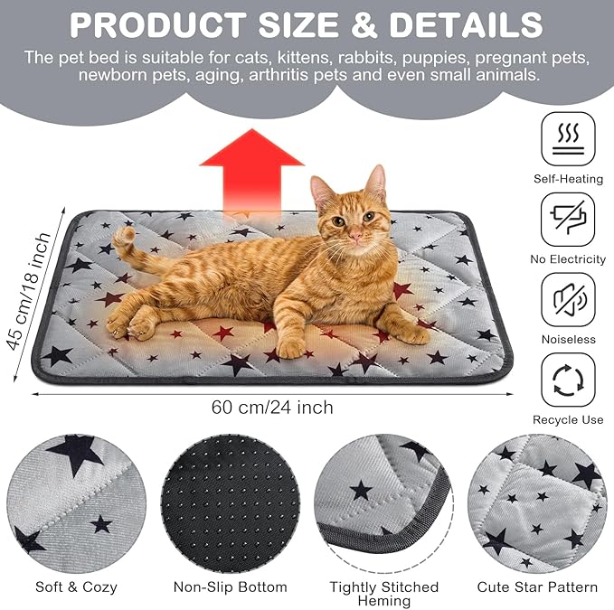 Namalu 4 Pack Self Warming Cat Bed Self Heating Cat Mat Star Pattern Soft Dog Crate Pad Thermal Pet Mat Anti Slip Kennel Dog Washable Warming Bed for Outdoor Indoor(18 x 24 Inch,Gray)