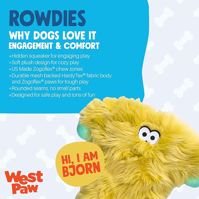 WEST PAW Rowdies Bjorn Durable Plush Dog Toy with Reinforced Seams Chew Resistant Design and Interactive Squeaker for Playtime Indoors or Outdoors Bundle for Dogs Who Deserve The Best - Citrus