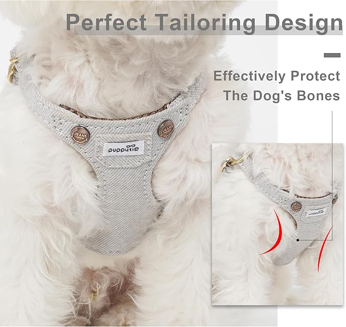 Puppytie No Pull Small Dog Harness with Multifunction Dog Leash,Lightweight Soft Adjustable No Choke Escape Proof Pet Harness Vest Pet Harness Vest,Denim Gray,S