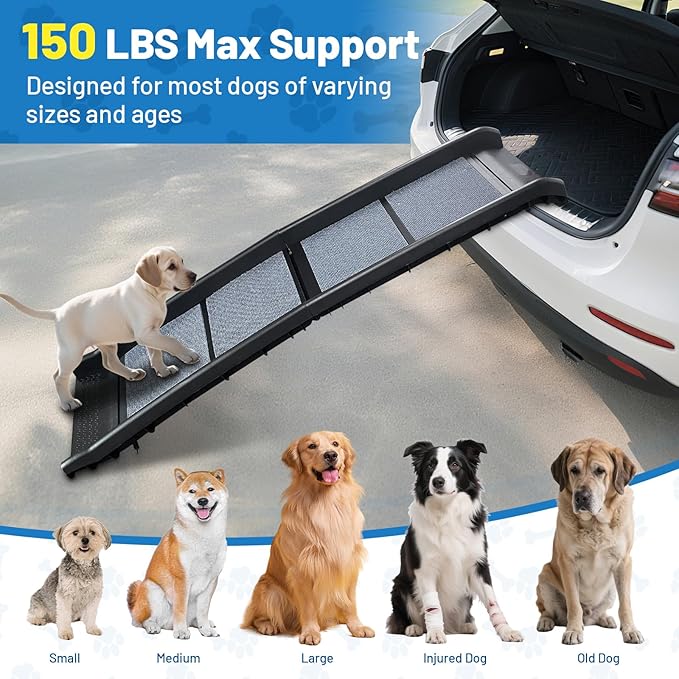 ROBLOCK Folding Dog Ramp for Car, Truck, SUV, Outdoor 61" L Anti-Slip Pet Ramp for Large Dogs, High Bed, Stairs, Couch, with Rug Surface, Raised Siderails, Easy Storage, Supports Up to 150 LBS