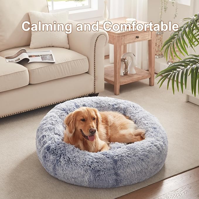 36 inches Donut Dog Bed for Large Dogs - Calming Fluffy Round Pet Bed with Removable & Washable Cover,Fits up to 80 lbs Pets (Dark Blue,Large)