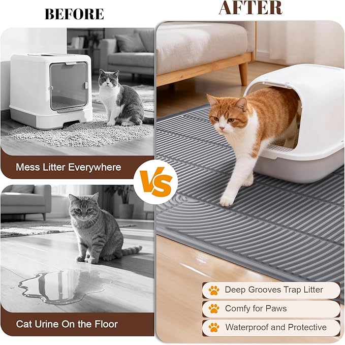 Rubber XXL Cat Litter Mat, 47" x 35" Waterproof Urine Proof Cat Litter Trapping Mat, Easy Clean Litter Box Mat and Anti-Slip Kitty Litter Catcher Mat, Grey