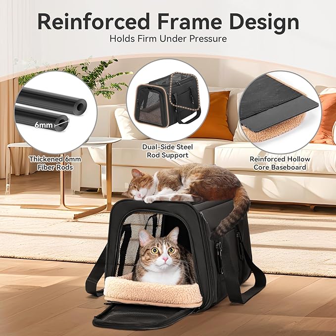 PETSFIT Cat Car Carrier for Small/Medium Cats Dogs, 18"x11"x11" Airline Approved Cat Carrier, with Patent Safety Buckles and Escape-Proof Zipper - Safeguarding Car Travel, Airplane, Vet, Outdoor
