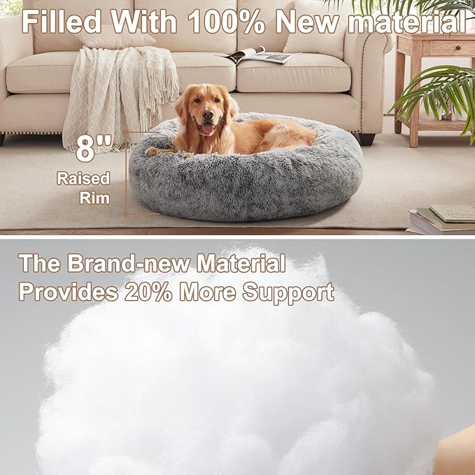 36 inches Donut Dog Bed for Large Dogs - Calming Fluffy Round Pet Bed with Removable & Washable Cover,Fits up to 80 lbs Pets (Dark Grey,Large)