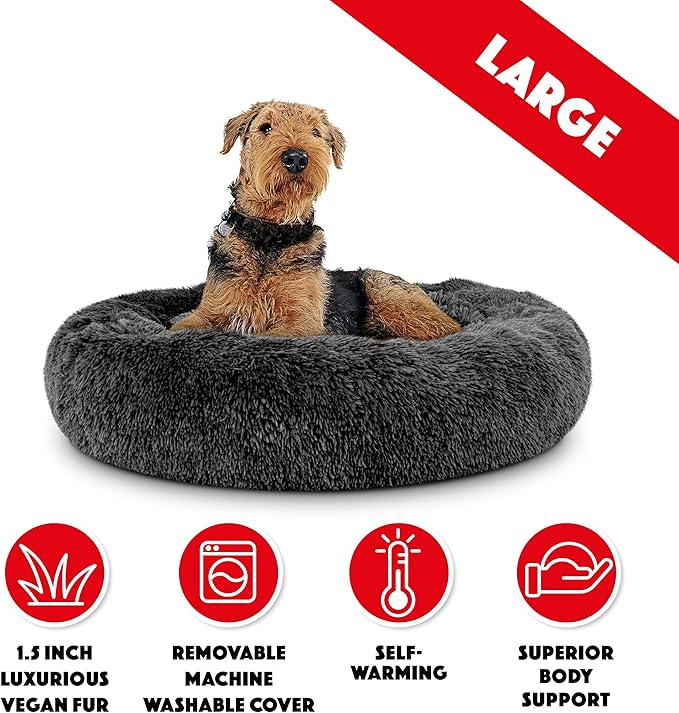 The Dog's Bed Sound Sleep Donut Dog Bed, Grey Fur Large Removable Cover Calming Nest Bed, Veterinary Approved
