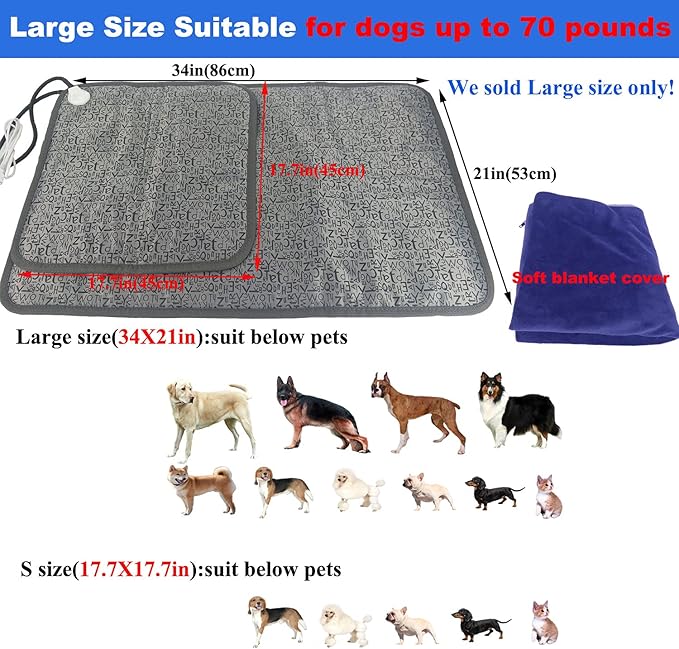 Pet Heating Pad for Large Dog Cat 34" x 21" - Electric Heated Bed With Soft Washable Cover, Water Resistant, Chew Resistant Cord - Keeps Pets Warmer