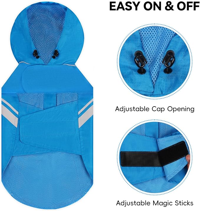 VIVAGLORY Wetoff Dog Raincoat, Rain Coat for Dog All Seasons Adventure, Rain Jacket with Harness Hole & Hood, Reflective Lightweight Waterproof for Doggy & Puppy, L, Blue