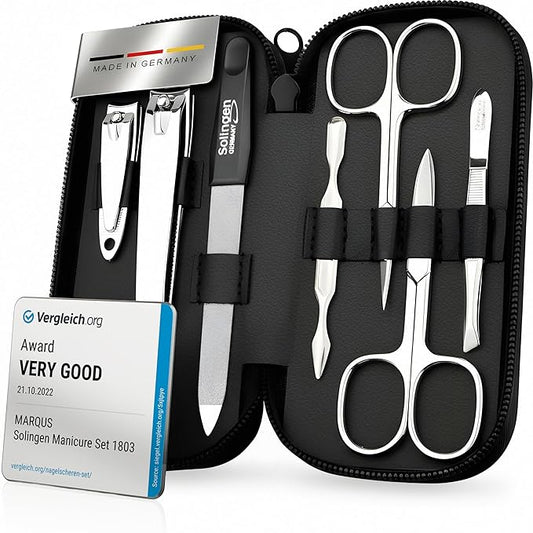 Manicure Set Solingen Made in Germany - 7 Piece Exclusive Finger & Toe Nail Clippers Kit for Women and Men in Real Leather Case, Color Black